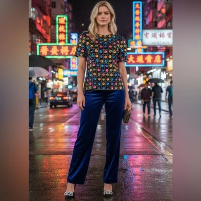 Blusa geométrica multicolor vintage de Leslie Fay. Cáscara 100% seda. Mujer L Foto 1 de 4