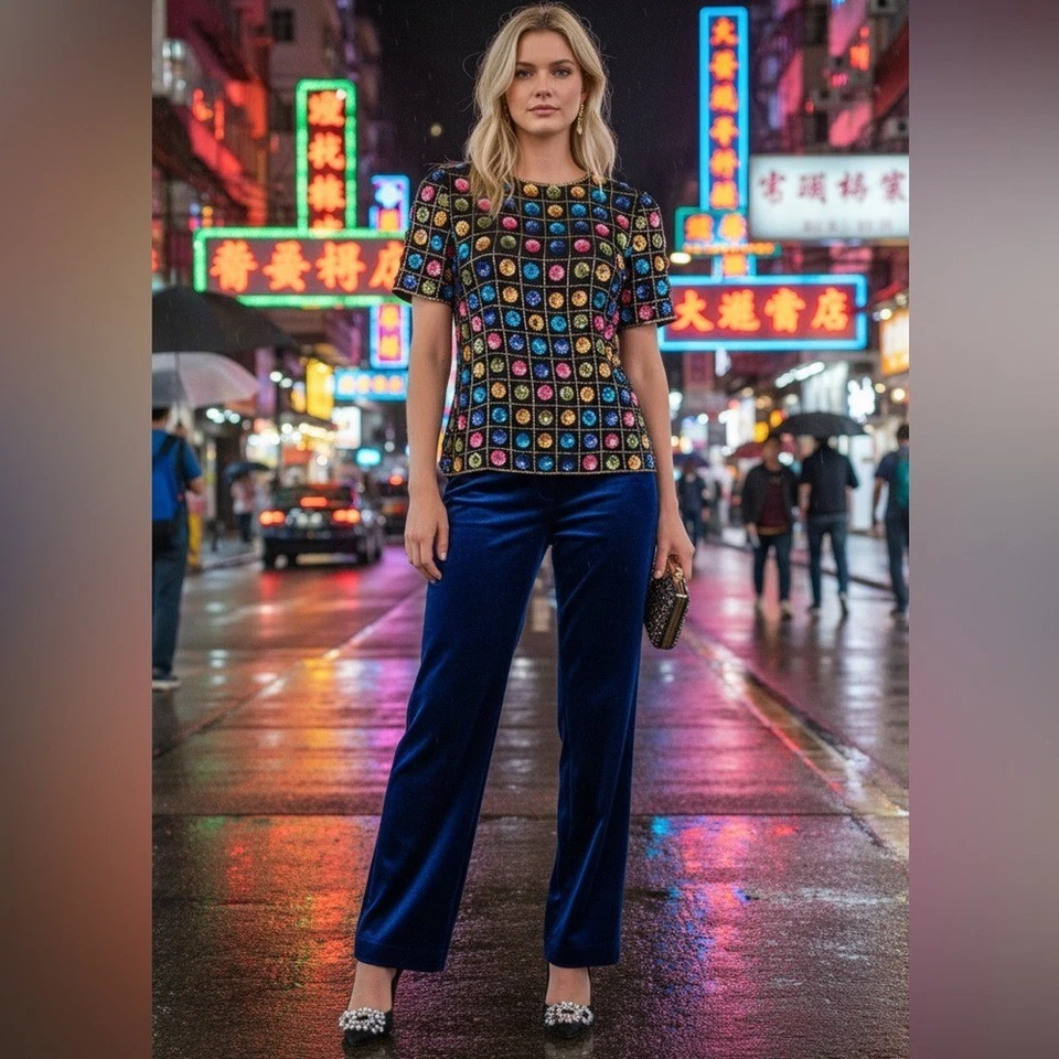 Винтажная разноцветная блузка с геометрическим узором Leslie Fay. Раковина из 100% шелка. Женские L - Изображение 1 из 4