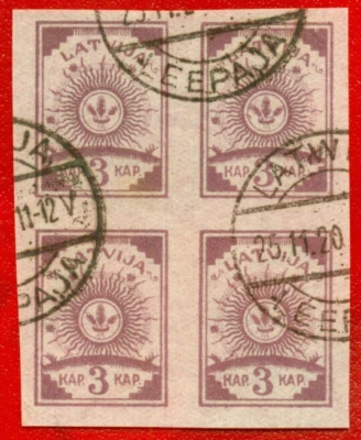 LATVIA LETTLAND BLOCK OF 4 STAMPS 3 Kop Sc. 9 1919 USED 135 - Image 1 of 2