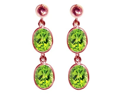 9ct Rose Gold Natural Peridot Oval Double Drop Dangling Studs Earrings British - Image 1 of 4
