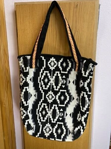 Ikat Pattern Neon Trim Boho Shoulder Bag  - Geometric Black and White Tote - Picture 1 of 10