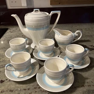 Vintage Myott Staffordshire England Coffee Set  Blue /Gray Stripe Hand Painted - Picture 1 of 15