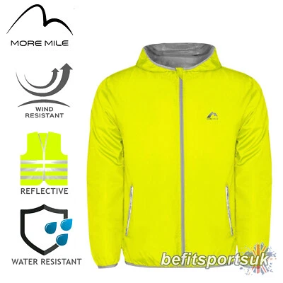 MENS HI VIZ RUNNING JACKET REFLECTIVE WIND HOODIE MORE MILE FLASH POCKETS ZIP - Image 1 of 2