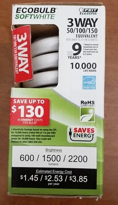 50/100/150 EQUIVALENT 3 WAY CFL ECOBULB LIGHT BULB SOFTWHITE Feit Electric NEW - Image 1 of 4