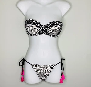 Victoria’s secret bikini set 32C zebra dots reversible bottom Tassel Bandeau - Picture 1 of 7