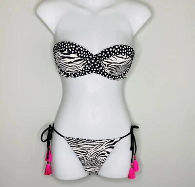 Victoria’s secret bikini set 32C zebra dots reversible bottom Tassel Bandeau - Image 1 of 4