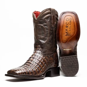 NUEVO Marco Milano Western Botas de Vaquero Zapatos Cuero Caimán Genuino Edad Marrón EE. UU. - Imagen 1 de 6