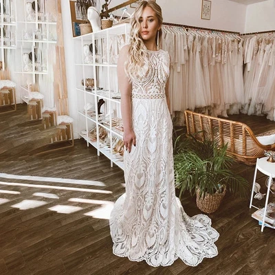 Boho Mermaid Wedding Dresses Sleeveless Backless Lace Appliques Bridal Gowns - Image 1 of 4