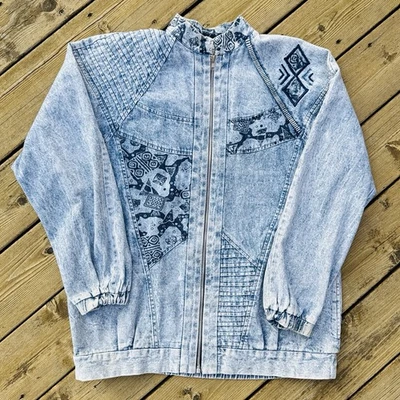Jaqueta jeans feminina esportiva ensolarada vintage anos 80 estampa asteca sudoeste 12 EUA - Imagem 1 de 4