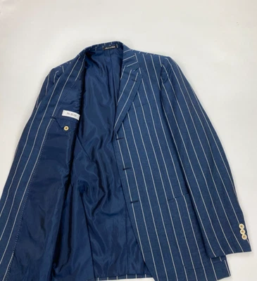 Men's Navy Blue Pinstriped Pal Zileri Blazer 50R 40R Wool Linen Jacket Lined B - Image 1 of 4
