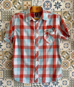 quiksilver mens cotton shirt large short sleeve check orange/blue badges midfit - Picture 1 of 13