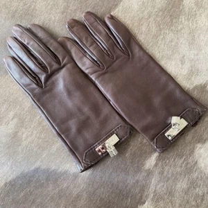 Auth Hermes Kelly Gloves Brown Lambskin Leather Silver France 6 1/2 Size Women's - Picture 1 of 8