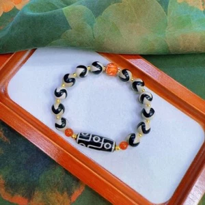 Natural Tibet Weathered Nine-eye Dzi Bead Double Tiger  Dzi Bead Bracelet - Picture 1 of 4