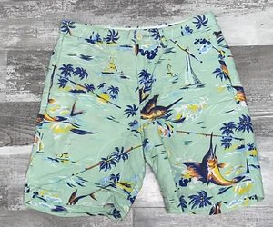 Polo Ralph Lauren Shorts Men 30 Linen Hawaiian Sword Fish Sail Boat Palms Green - Picture 1 of 9
