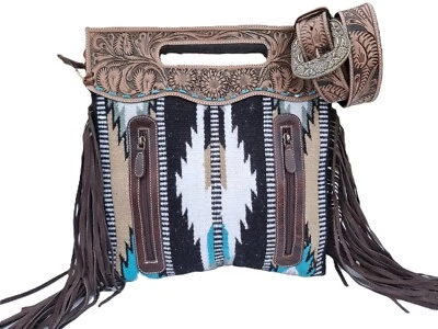 Aztec Floral Tooled FRINGE LEATHER BAG Tassel boho Western vintage Festival tan - Image 1 of 4