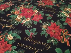 BTHY Vintage Christmas Fabric Cranston ViP Fabric Poinsettias Season's Greetings - Picture 1 of 1