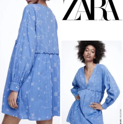 Zara Embroidered Blue Floral Dress - Size Medium - Image 1 of 4