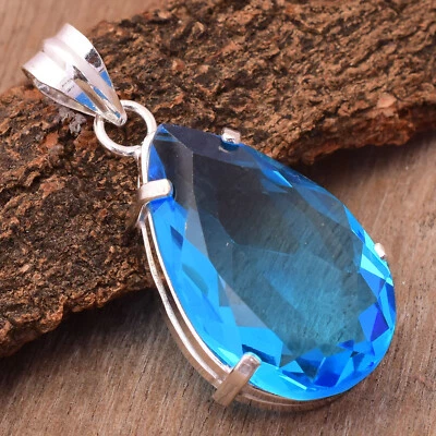 Hermoso colgante hecho a mano de plata de ley 925 con piedras preciosas de topacio azul de 1,5" Foto 1 de 3