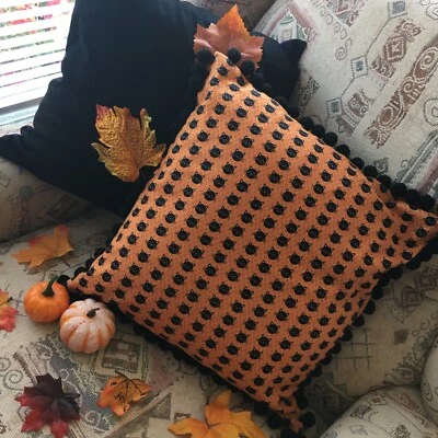 Handmade Halloween Orange and Black Cats with Big Black Pom Pom Cushion Cover - Image 1 of 4