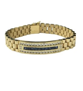 Sapphire Gem and Round Brilliants Watch Link Unisex Bracelet Yellow Gold - Picture 1 of 4