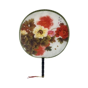 New Chinese Japanese Oriental Peony Blossom Printed Cloth Wooden Hand Fan - Picture 1 of 1