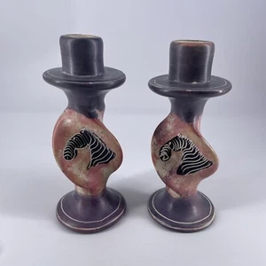 Hand Carved in Kenya Soapstone Candle Holders Zebra Purple Black Set Of 2 - Picture 1 of 14