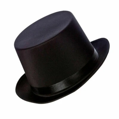 SATIN BLACK TOP HAT FOR FANCY DRESS COSTUME HARD MAGICIAN HAT POSTED IN A BOX - Image 1 of 4