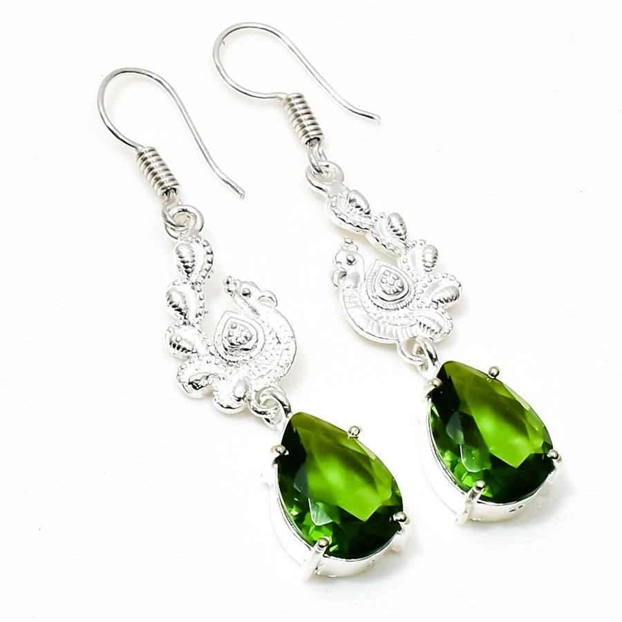 925 Sterling Silver Green Peridot Gemstone Handmade Jewelry Earring Size-1.8" - Image 1 of 4