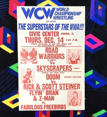 Póster de evento original de lucha libre WCW NWA 14/12/1989 Peoria, IL Road Warriors Foto 1 de 4