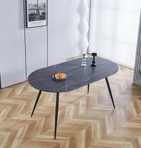 Dining Table, Grey Marble Top Oval Table, Kitchen Table with Metal Legs (160cm) - Picture 1 of 8