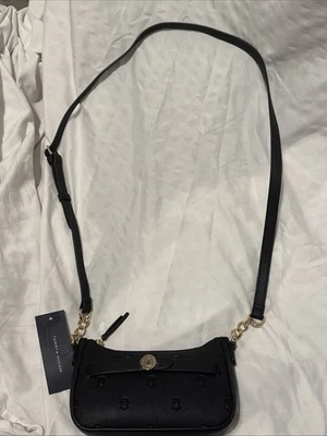 Tommy Hilfiger Bolso de Hombro Negro Rayas Monograma Firma Logo Cartera Foto 1 de 4