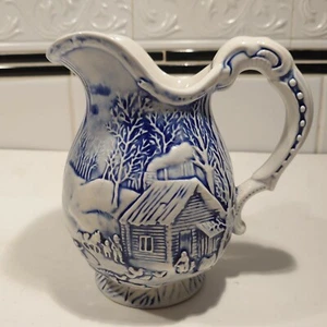 Vintage Japan Blue & White Ceramic Pitcher w/ Embossed Wiinter Cabin Scene 6.5"T - Picture 1 of 7