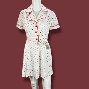 Vintage Womens Dress Polka Dot White Red Tie Belt Pleated Old Money S/M Collared - Picture 1 of 14