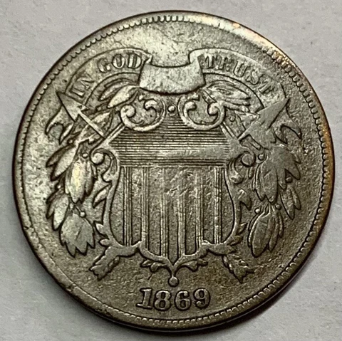 United States of America Philadelphia Mint 1869 Two Cents Copper Coin Km#94 Cover