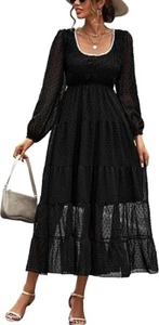 Kormei Women's Long Sleeve Smocked Elastic Waist Flowy Swiss Dot Casual Size M - Picture 1 of 4