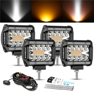 AUXBEAM 4x 4" LED Work Light Bar Pods Flood Spot Combo White&Amber Driving Fog - Picture 1 of 7