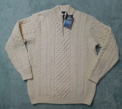 NWT Aran Crafts Men's Sweater Large Merino Wool Cable Knit Fisherman Zip Chunky - Image 1 of 4