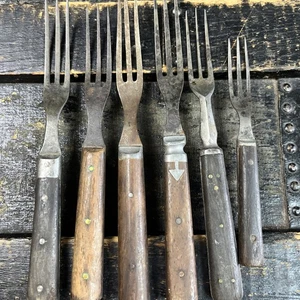 Lot of r Antique Civil War Era Three Prong Wood & Pewter Inlay Forks and Childs - Picture 1 of 14