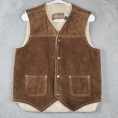 Vintage Sears Leather Shop Vest Mens Small Suede Sherpa Western Brown Shearling - Image 1 of 4