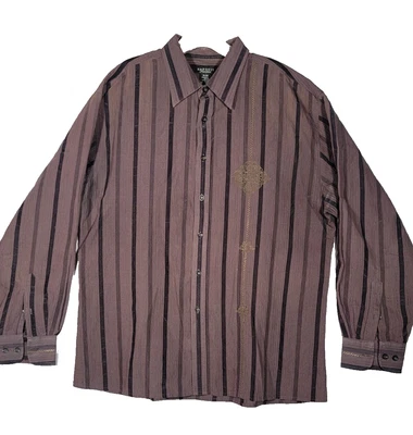 Marquis Size XL Men's Shirt Brown Black Stipe Button Up Long Sleeve Embroidered - Image 1 of 4