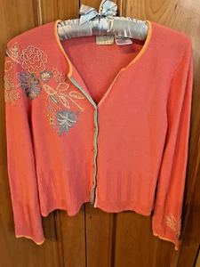 Sigrid Olsen Sport Medium Cropped Coral Cardigan Sweater Embroidered Beaded-EUC - Picture 1 of 5