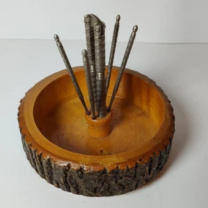 Vintage Wooden Nut Bowl Dish Rustic Tree Bark with Nutcracker  & 4 Metal Picks - Picture 1 of 5