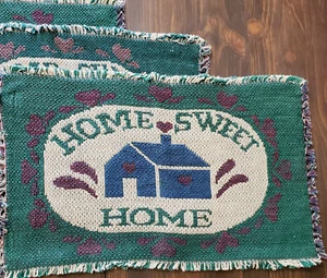 Placemats 4 Tapestry Home Sweet Home Green Purple 18x12" Woven Fringe Vintage - Picture 1 of 6