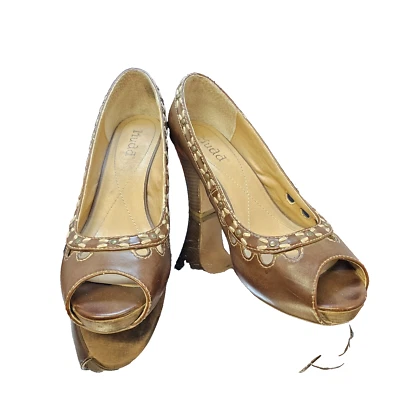 VTG 90s y2k Mudd Brown Faux Vegan Leather Chunky Heel Oxford 8.5 Studded Peep - Image 1 of 4