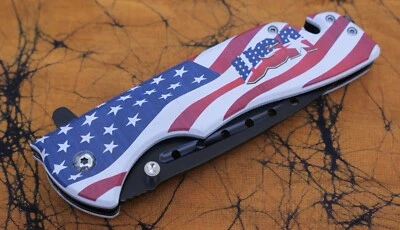 Navaja de Bolsillo Bandera de Águila de EE. UU. Patriota América Pintada a Mano Perforadora de Ventana Cortadora de Cinturón Foto 1 de 4