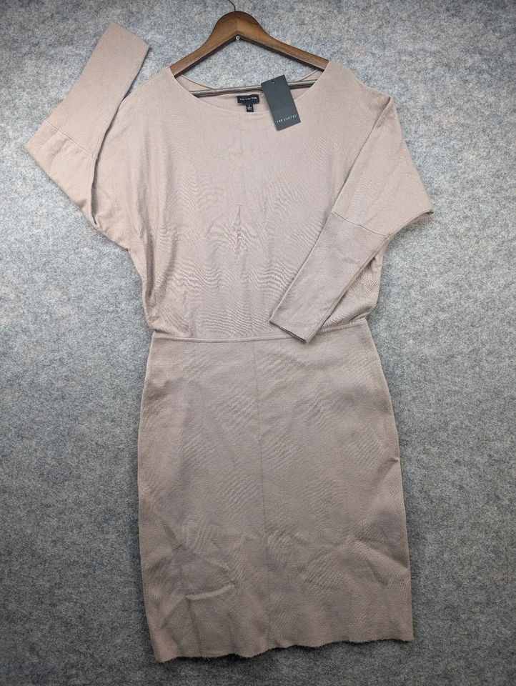 Vestido The Limited Mujer Grande Beige Elástico Tejido Manga Larga Midi Suéter Elegante Foto 1 de 4