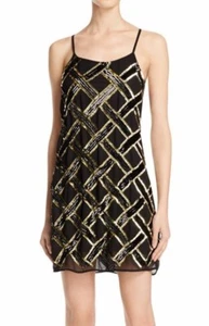 Aqua ~ Black Chiffon Gold Sequins Mini Party Slip Dress XS NEW $148 - Picture 1 of 7