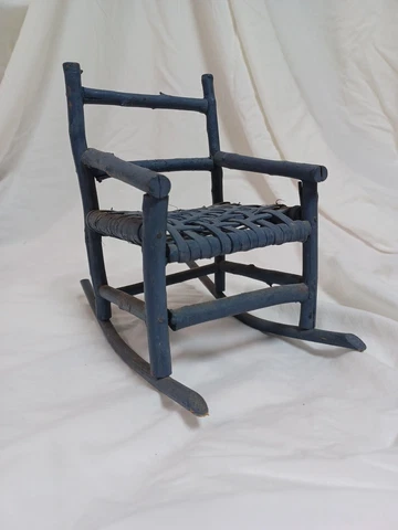 Vintage Salesmen Primitive Natural Timber Woven Seat  Stained Porch Rocker Child Cover