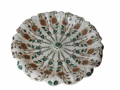 11 " Weißer Marmor Obstschale Semi Edelsteine Inlay Arbeit Kunst Heim Dekor Gift - Bild 1 von 2