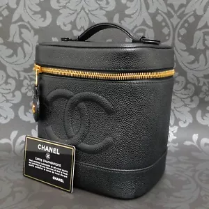 CHANEL Caviar Skin Leather Black Cosmetic Case Vanity Box Handbag #2672 Rise-on - Picture 1 of 15